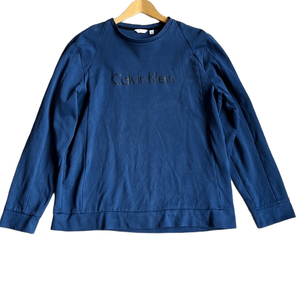Calvin Klein Men's Blue Crew Neck Sweatshirt Black Textured Logo Size XL